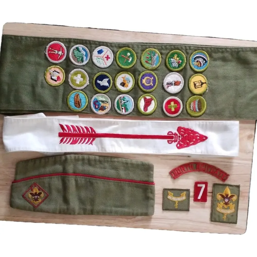 Vtg BSA Boy Scout Lot 50s 60s Vigil Honor OA Sash, Merit Badge Sash, Patches